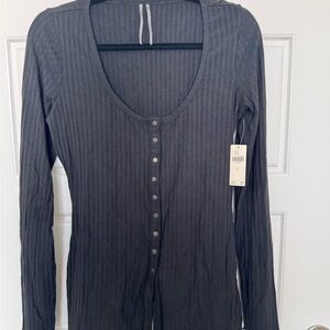Anthropologie Blue Ribbed Long Sleeve Bodysuit